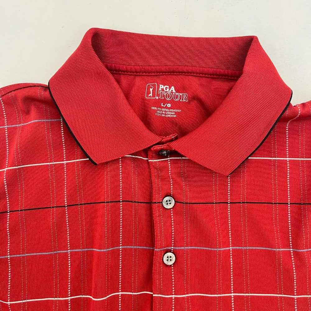 PGA Tour Mens Size L Golf Polo Shirt Red Plaid Short Sleeve Summer Outdoor - Picture 2 of 7